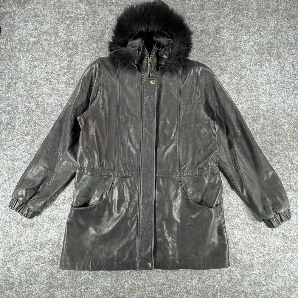 Vintage Worthington Genuine Lambskin Coat Womens L Black Removable Fur Trim Hood